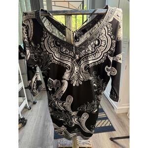 WHITE HOUSE BLACK MARKET Womens Paisley Tunic Top Stretch 3/4 Sleeve Black